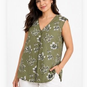 White Stag Womens XL Green Oasis Linen Blend Floral Hibiscus Tropical Top Blouse